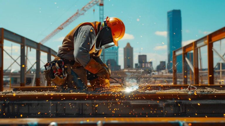 A high-resolution, realistic wide shot of a modern commercial construction site in Oklahoma City. In the foreground, a professional welder in full gear is working on a massive structural steel beam with bright orange sparks flying. In the background, the OKC skyline is visible under a clear blue sky. Cinematic lighting, sharp focus.