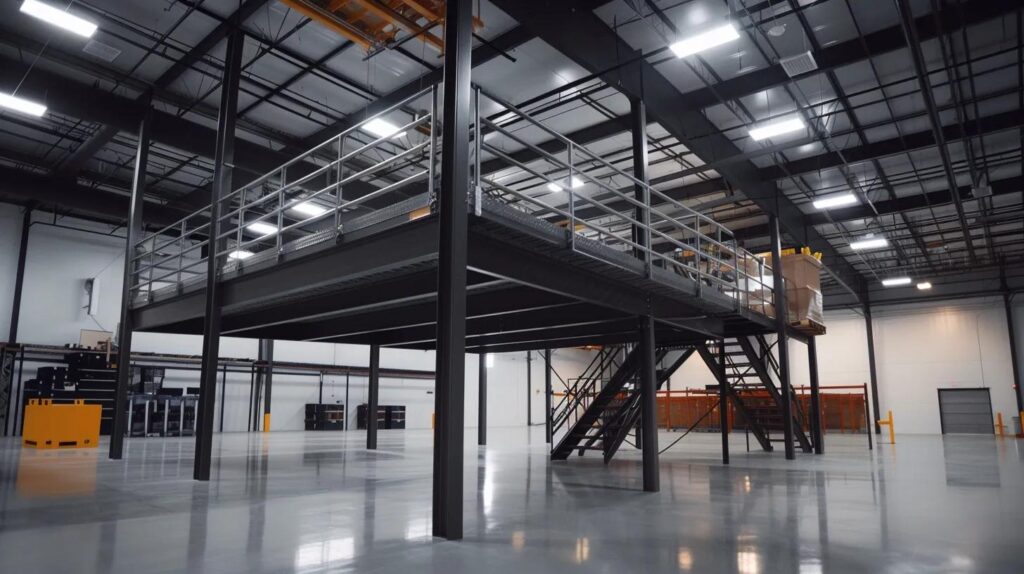 Interior shot of a clean, industrial warehouse showing a newly installed heavy-duty steel mezzanine floor. The structure is painted a professional matte black, creating a second level with an office space above and storage below. Bright LED lighting, industrial aesthetic.