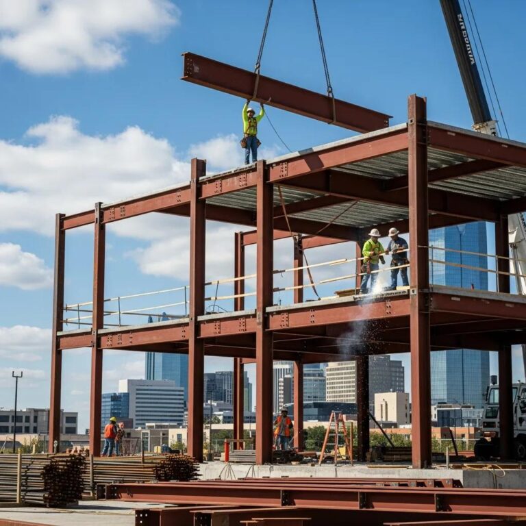 Construction site in Oklahoma City featuring structural steel beams and workers