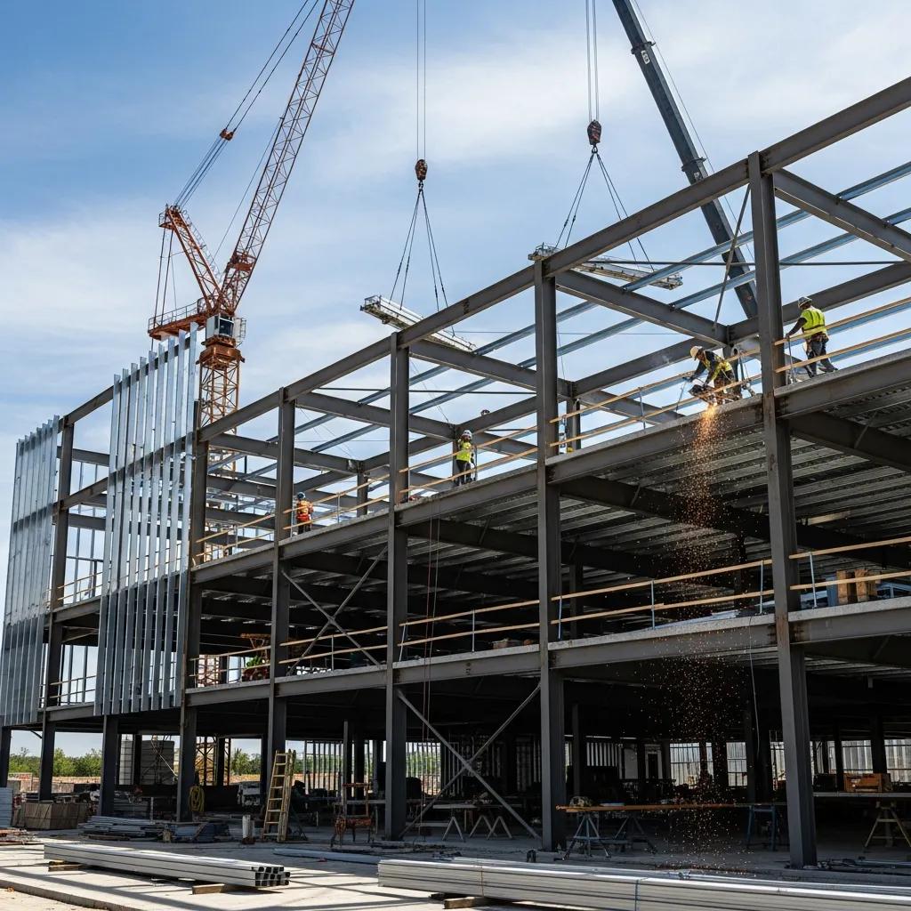 Modern metal building construction with cranes and workers, highlighting durability and innovation