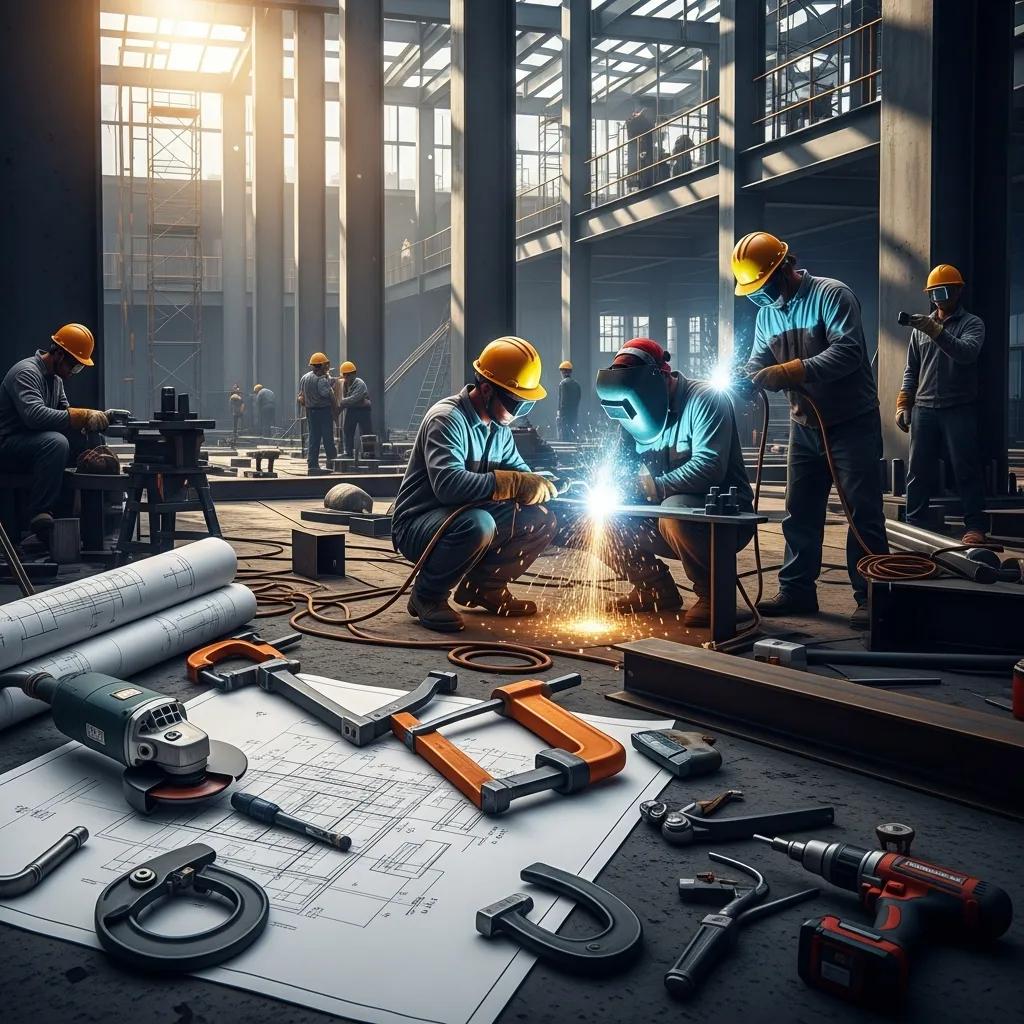 Stages of the metal construction process from design to assembly, showcasing teamwork and precision