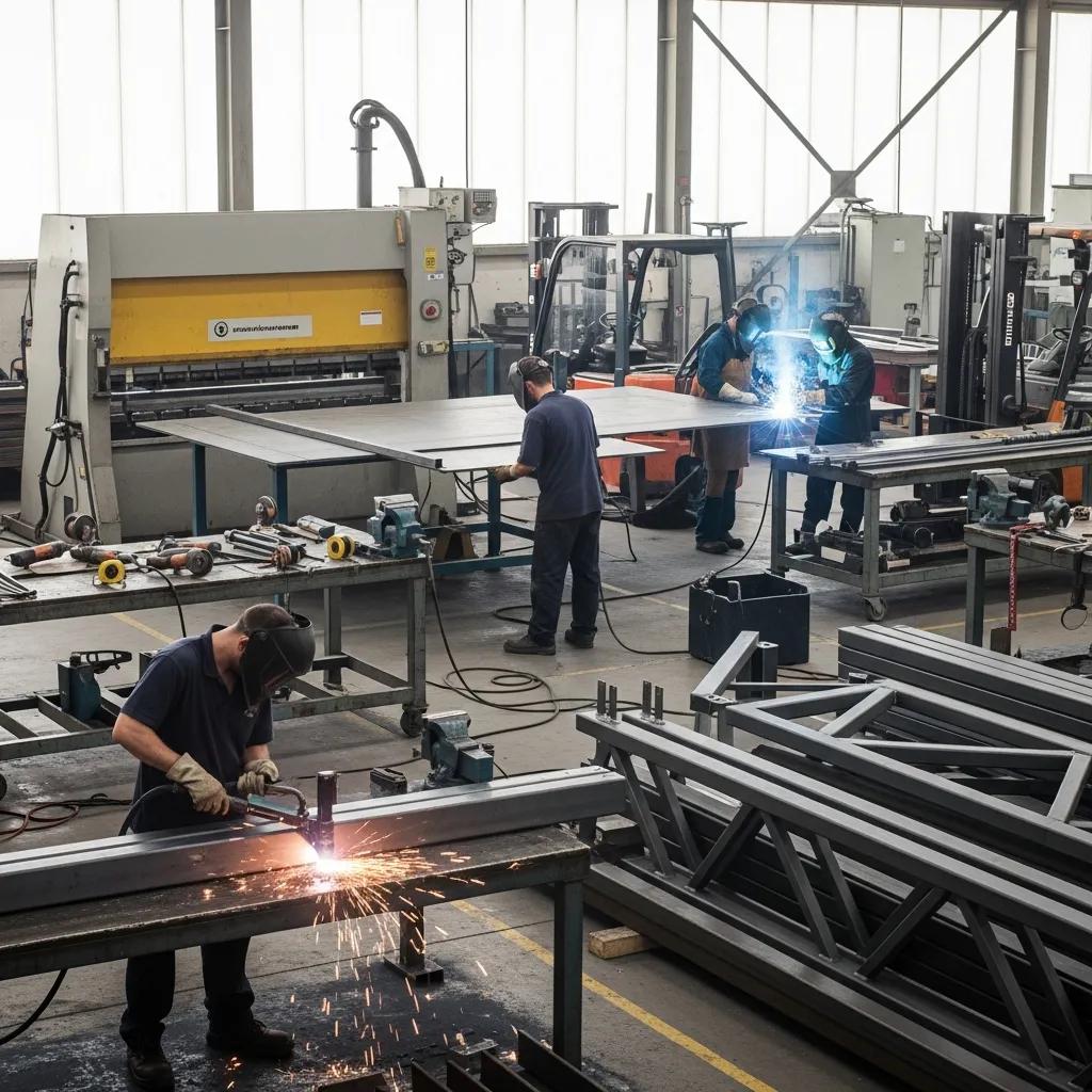Shop workshop showing steel fabrication with workers