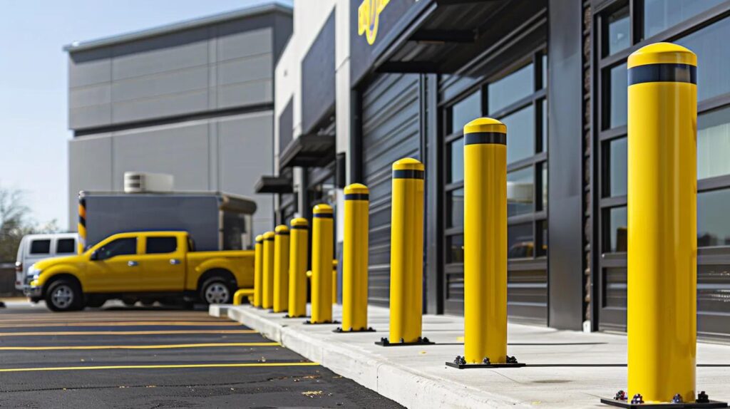 A row of bright yellow, heavy-duty steel bollards installed in front of a modern storefront in Oklahoma City. A mobile welding truck is parked nearby, showing a Metal Contractors logo. Realistic, daytime street-level photography