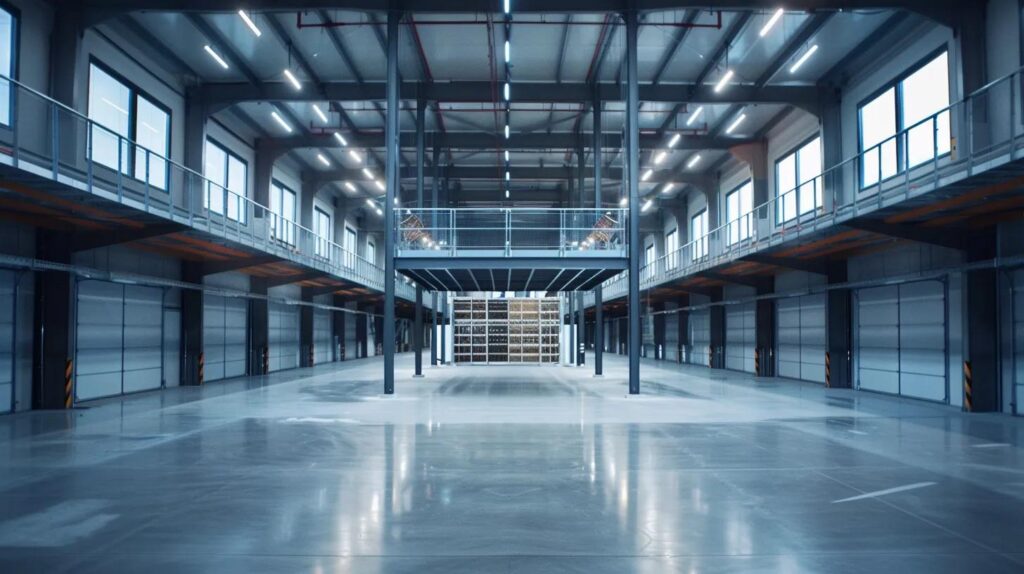 An interior view of a vast warehouse where a new steel mezzanine floor has just been installed. The upper level features a sleek office space with glass railings, while the lower level shows organized inventory storage. Wide-angle, clean, bright commercial aesthetic.