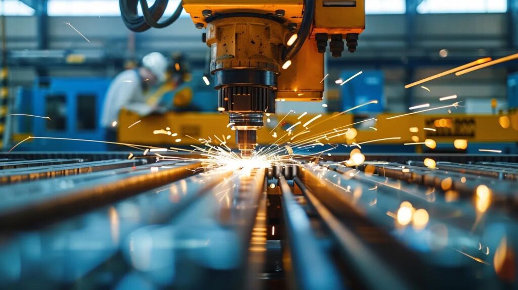 The interior of a clean, high-tech metal fabrication shop. A CNC laser cutter is precisely slicing through a thick sheet of metal with bright sparks. Technicians in the background are checking blueprints on a tablet. Bright, industrial lighting.
