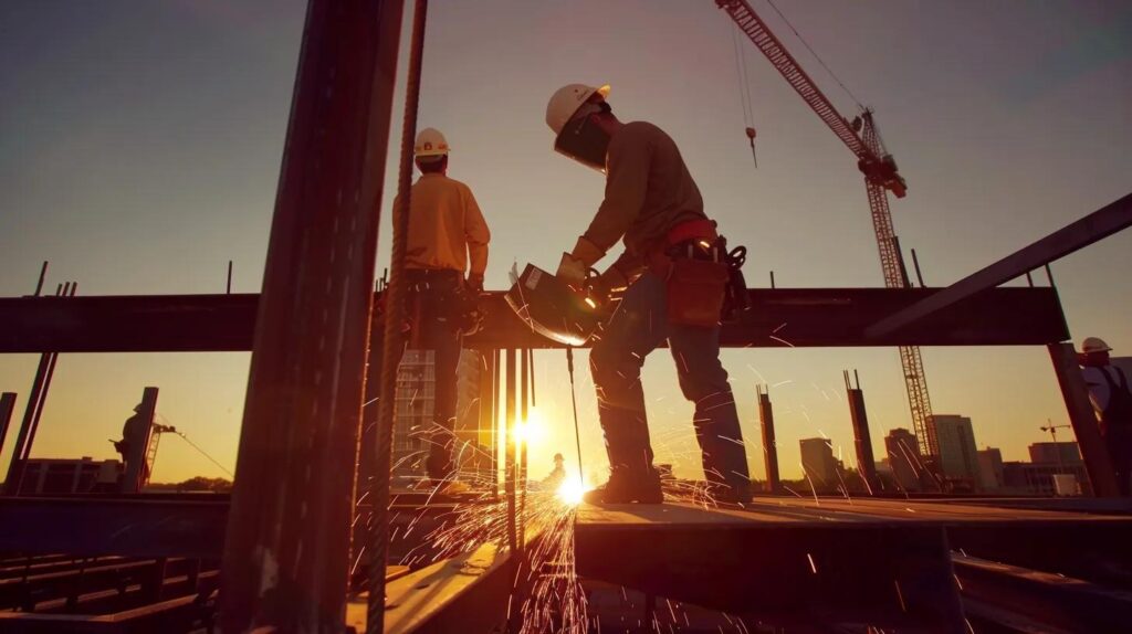 A wide-angle, realistic shot of a modern commercial construction site in Oklahoma City at sunset. Skilled welders in safety gear are working on a massive structural steel frame. Sparks are flying from a weld point, and the OKC skyline is visible in the distant background. High resolution, 8k, cinematic lighting.