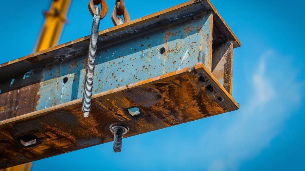 A close-up photo of high-quality, heavy-duty structural steel beams being lifted by a crane against a clear blue Oklahoma sky. The texture of the steel and the industrial bolts are highly detailed. Realistic, professional architectural photography.
