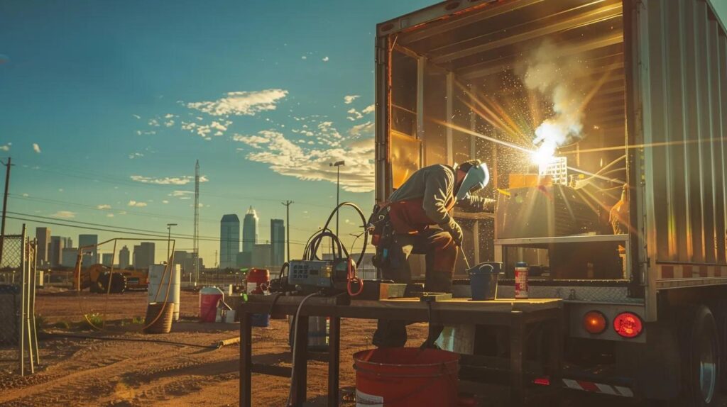 A professional mobile welding truck parked at a construction site with the Oklahoma City skyline in the distance. A welder in full gear is working on a piece of heavy machinery, tools neatly organized, sun-drenched outdoor setting.