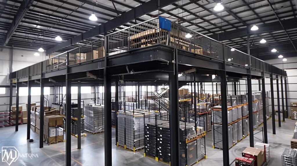 A clean, wide-angle interior shot of a large warehouse showing a newly installed industrial steel mezzanine floor. The mezzanine has black safety railings and an office space setup on top, with organized pallet racking underneath.