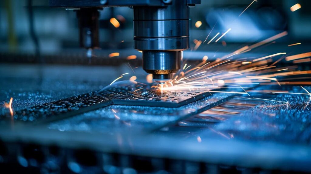 A close-up, detailed shot of a CNC laser cutting machine precisely slicing through a sheet of high-grade stainless steel. Intense blue light and sparks, showing the texture of the metal and the precision of the cut.