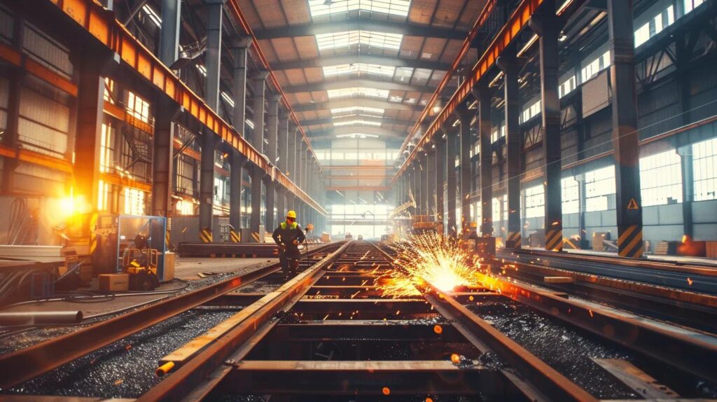 A high-resolution, photorealistic wide shot of a modern industrial metal fabrication facility in Oklahoma City. In the foreground, a skilled welder with sparks flying. In the background, large structural steel beams and a partially completed mezzanine floor. Bright, natural light streaming through large warehouse windows, professional and clean atmosphere.