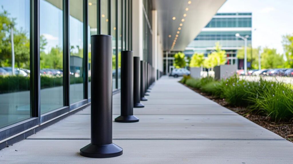 A row of sleek, black heavy-duty steel security bollards installed in front of a modern glass commercial building. The focus is on the sturdy installation and the professional finish of the metal