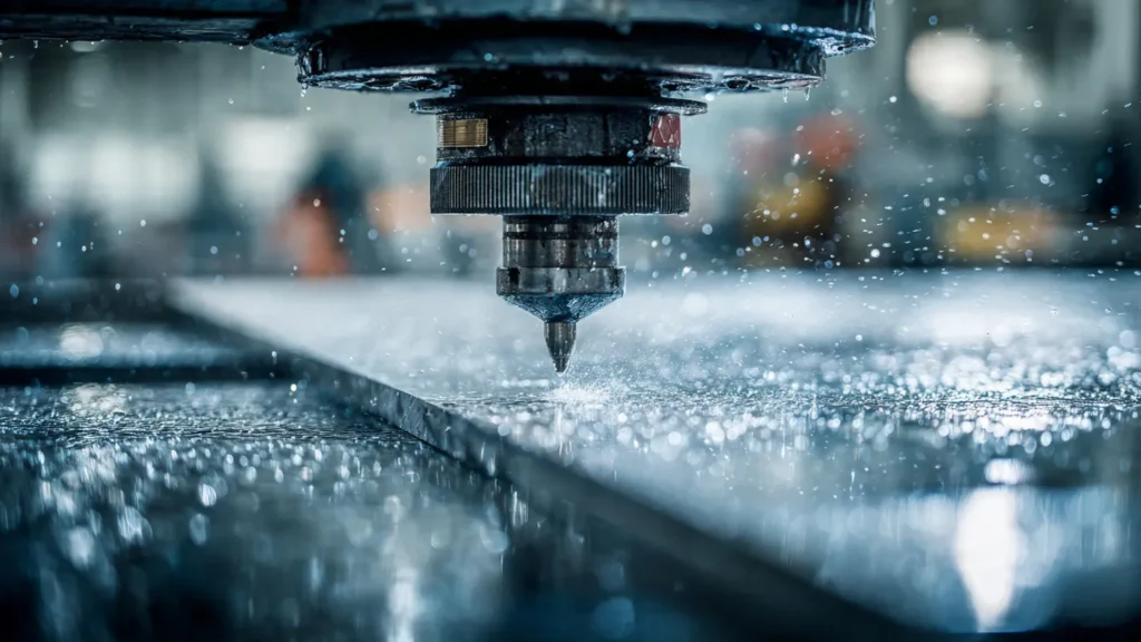 Water jet cutting machine in action, precision metal fabrication process, stainless steel sheet with water spray, highlighting custom solutions for Oklahoma businesses.