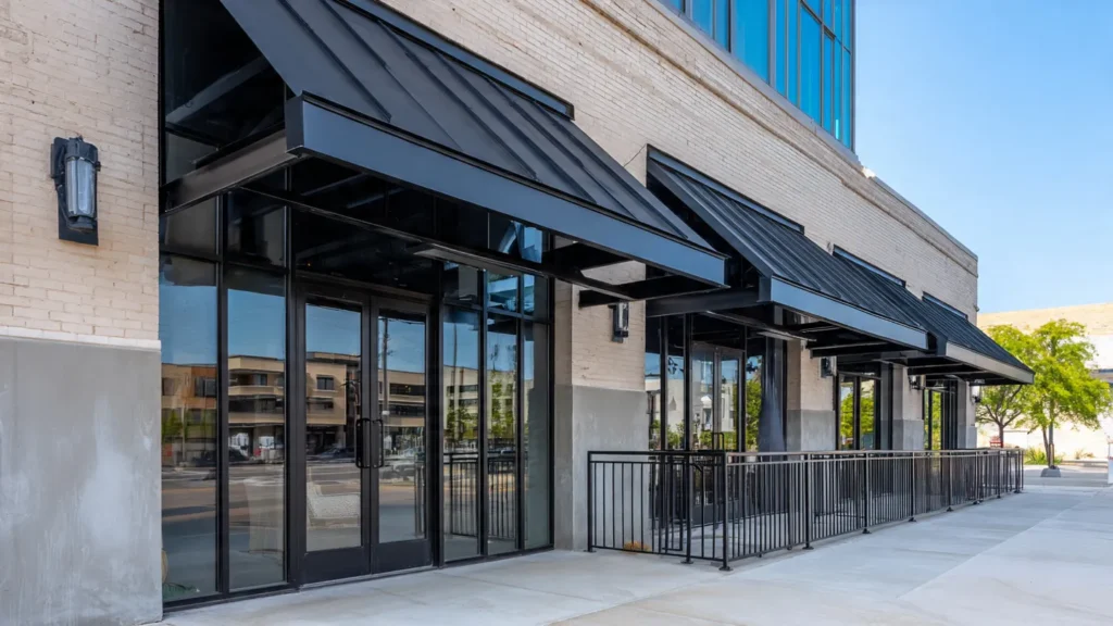 Modern storefront with black metal awnings, glass doors, and a decorative railing, showcasing custom canopy construction for business branding in Oklahoma City.