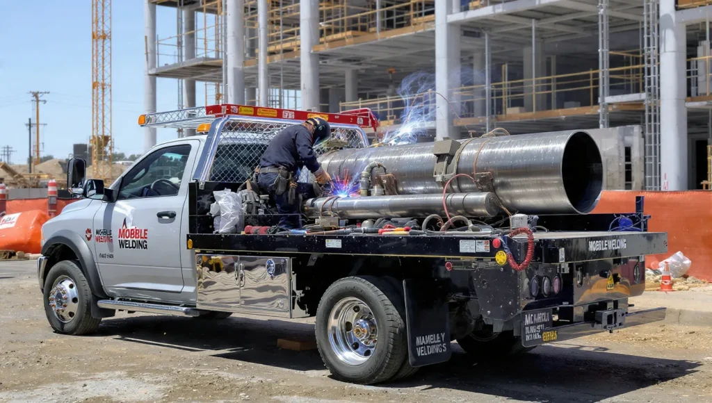 Mobile welding truck in construction site, technician performing onsite welding on metal pipe, demonstrating mobile welding services for immediate repairs.