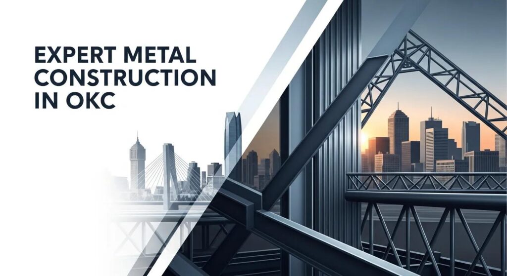 Expert metal construction graphic featuring urban skyline of Oklahoma City, highlighting structural steel elements and custom metalwork.