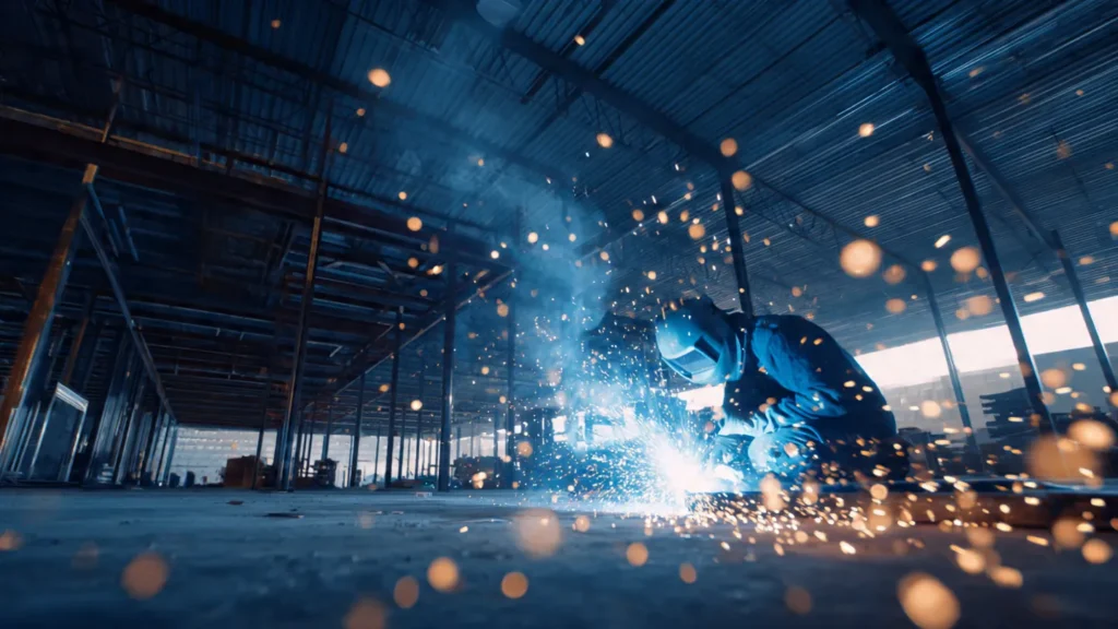 Welder in protective gear working on metal fabrication, sparks flying in an industrial setting, emphasizing steel construction and welding services for Oklahoma businesses.