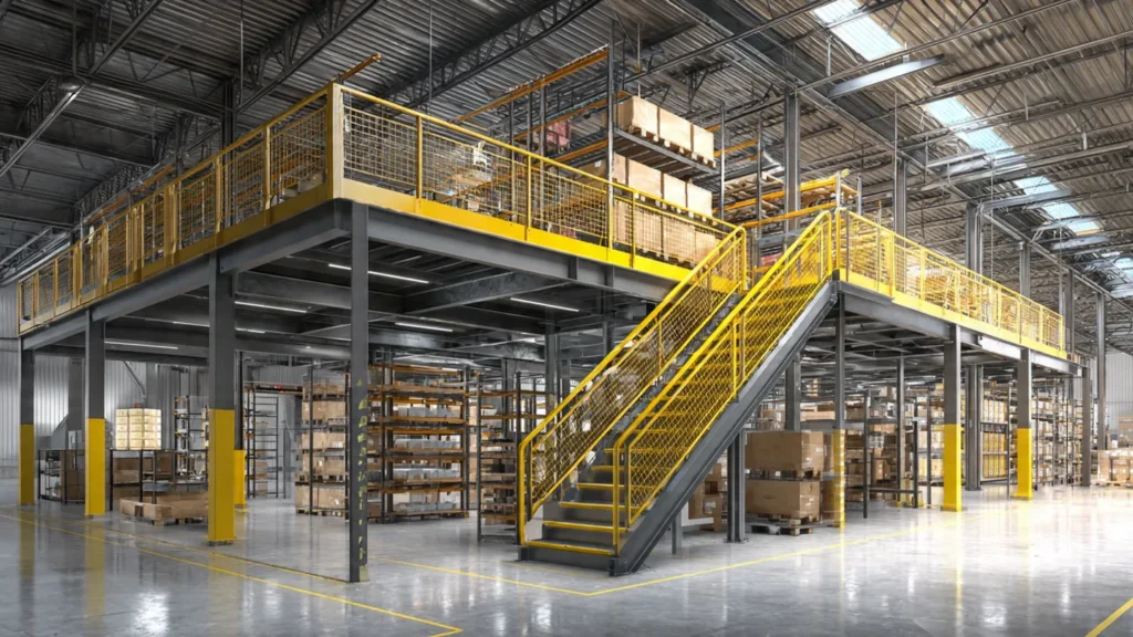 Mezzanine floor installation in a warehouse, featuring a steel structure with yellow safety railings and stairs, maximizing vertical space for storage solutions in Oklahoma City.