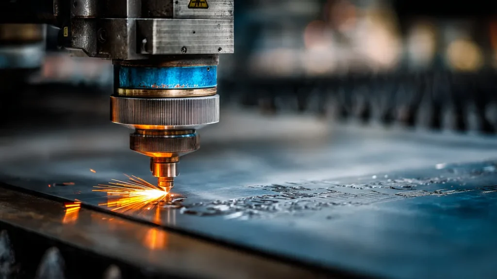 CNC laser cutting machine creating precise metal components with sparks, highlighting advanced fabrication technology for custom metal solutions in Oklahoma.