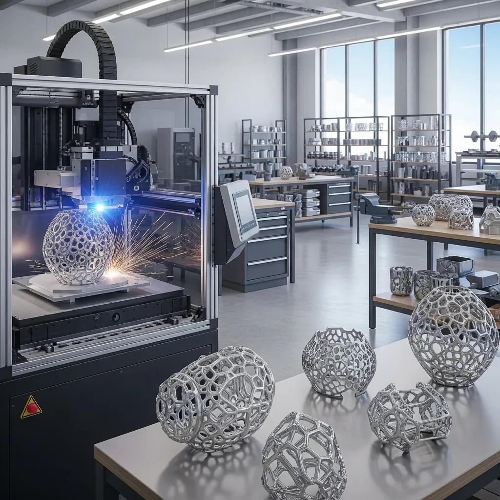 3D metal printer producing intricate components in a modern workshop