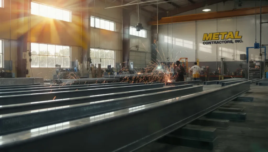 Metal fabrication workshop with workers welding steel beams, sparks flying, and "METAL CONTRACTORS, INC." sign visible, highlighting custom metal solutions for Oklahoma City construction.