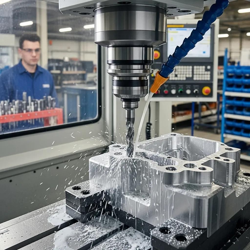 CNC machine cutting metal components with precision tools in a manufacturing setting