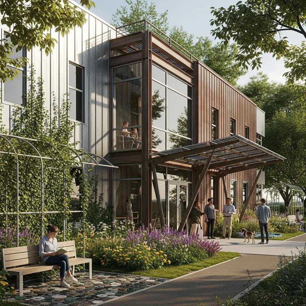 Completed building made from eco-friendly metals surrounded by greenery