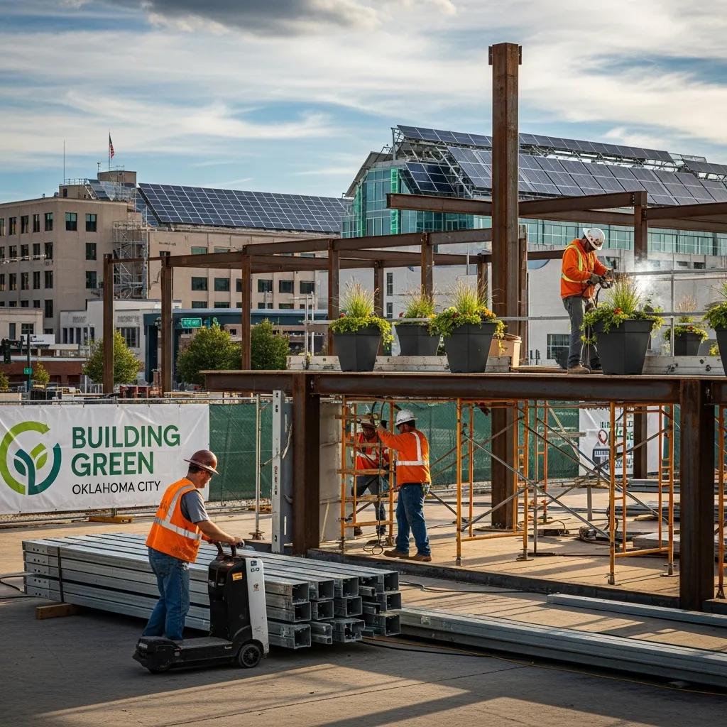 Construction site in Oklahoma City with workers using eco-friendly metal materials