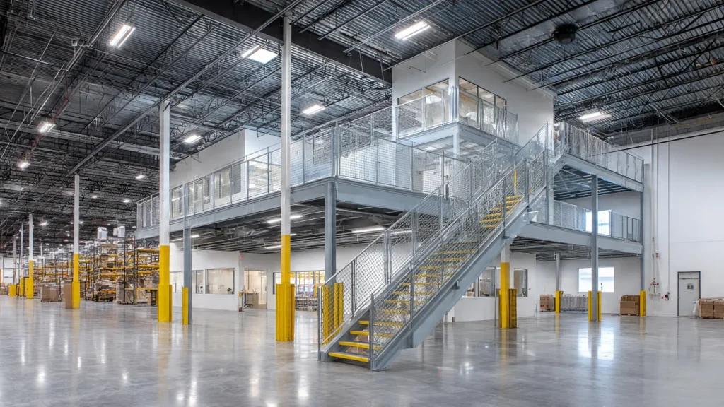 Steel mezzanine floor with stairs and enclosed office space in a spacious industrial setting, showcasing vertical real estate solutions for enhanced storage and workspace efficiency.