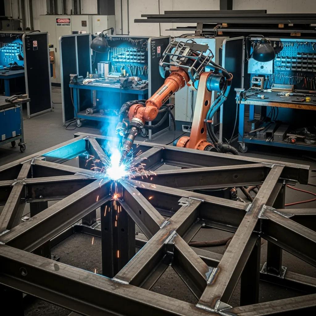 Robotic welding arm performing a weld on a metal structure in a modern workshop