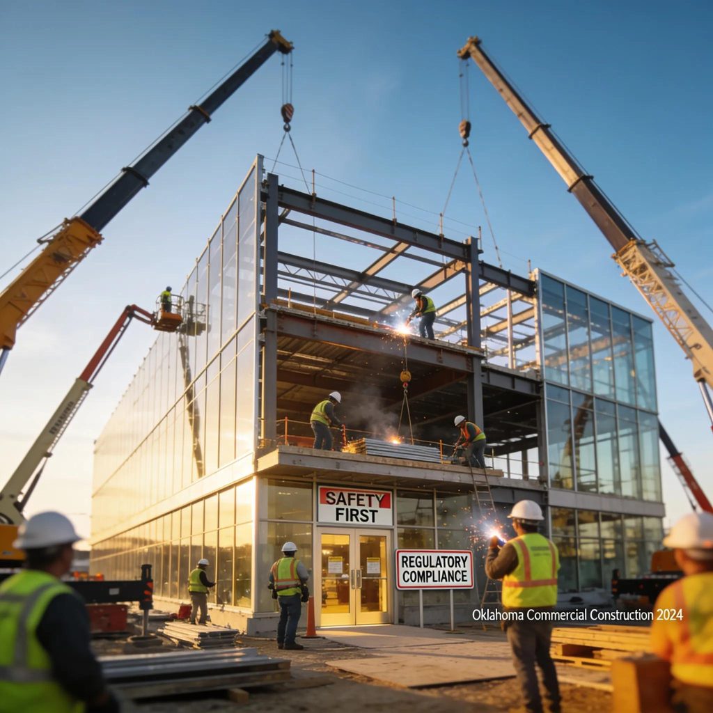 Oklahoma commercial building construction site with workers and cranes